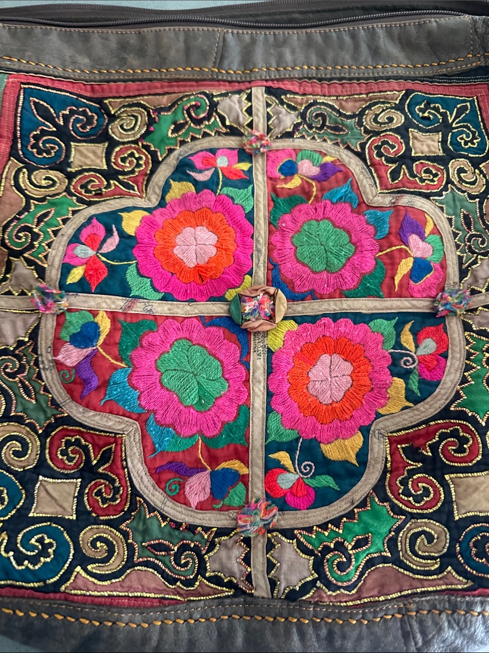 Boho Embroidered Floral Crossbody Bag - Brown with Multicolor Accents